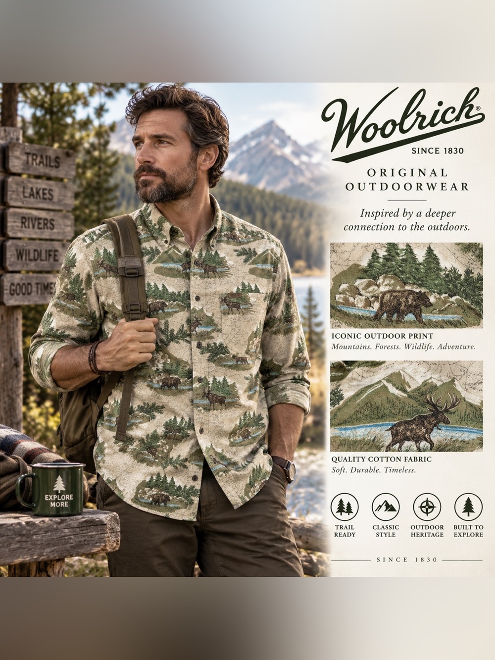 Woolrich Men's Tan and Green Scenic Outdoor Button-Down Shirt